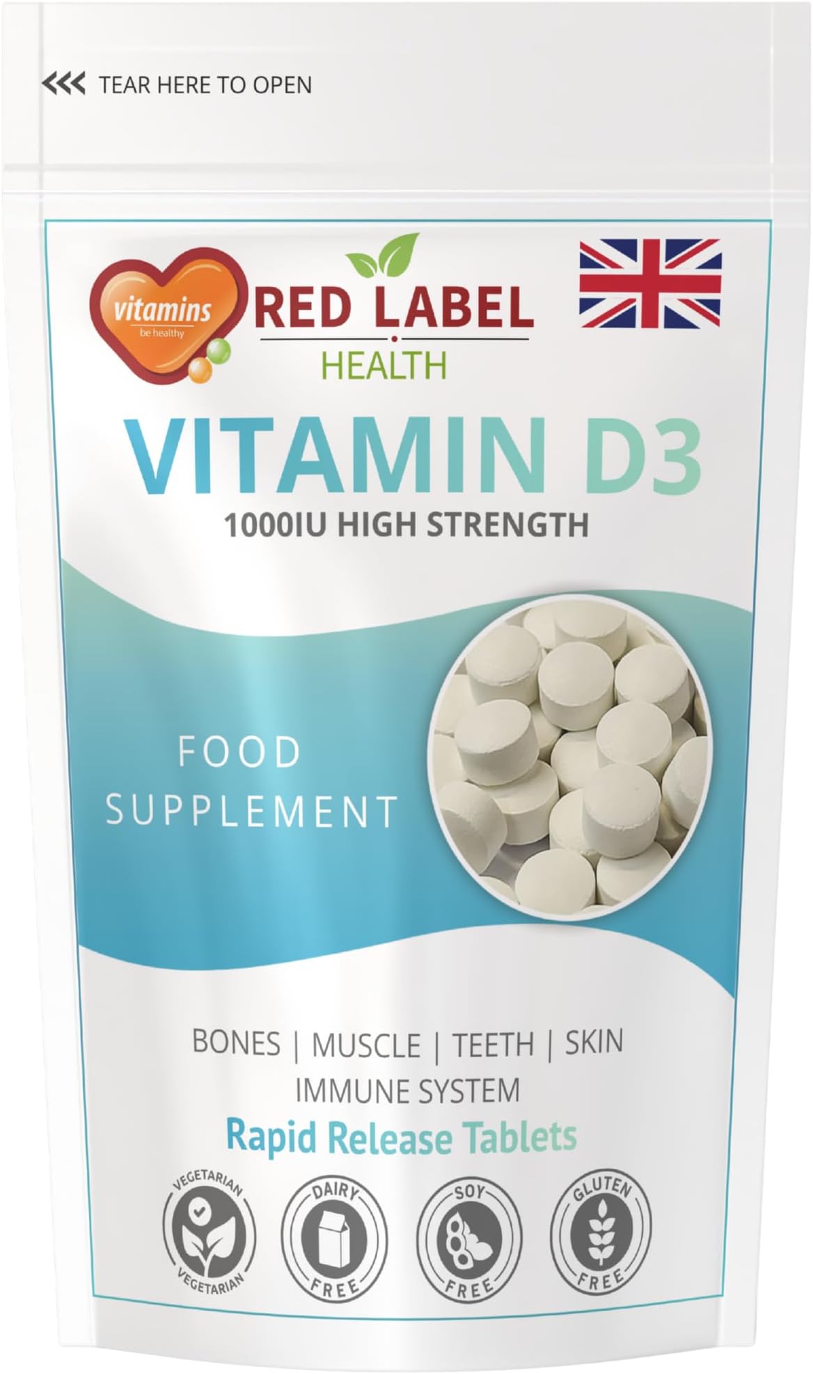 Vitamin D3 1000 IU, Pack of 360 Vitamin D Tablets (1 Year Supply), Healthy Teeth & Bones, Supports Immune System, High Strength Vitamin D Supplement for Men & Women, UK-Made