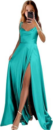 Junior Bridesmaid Dresses Satin Prom Dress Teens Spaghetti Straps Long Girls Formal Dresses with Slit CJLBD08