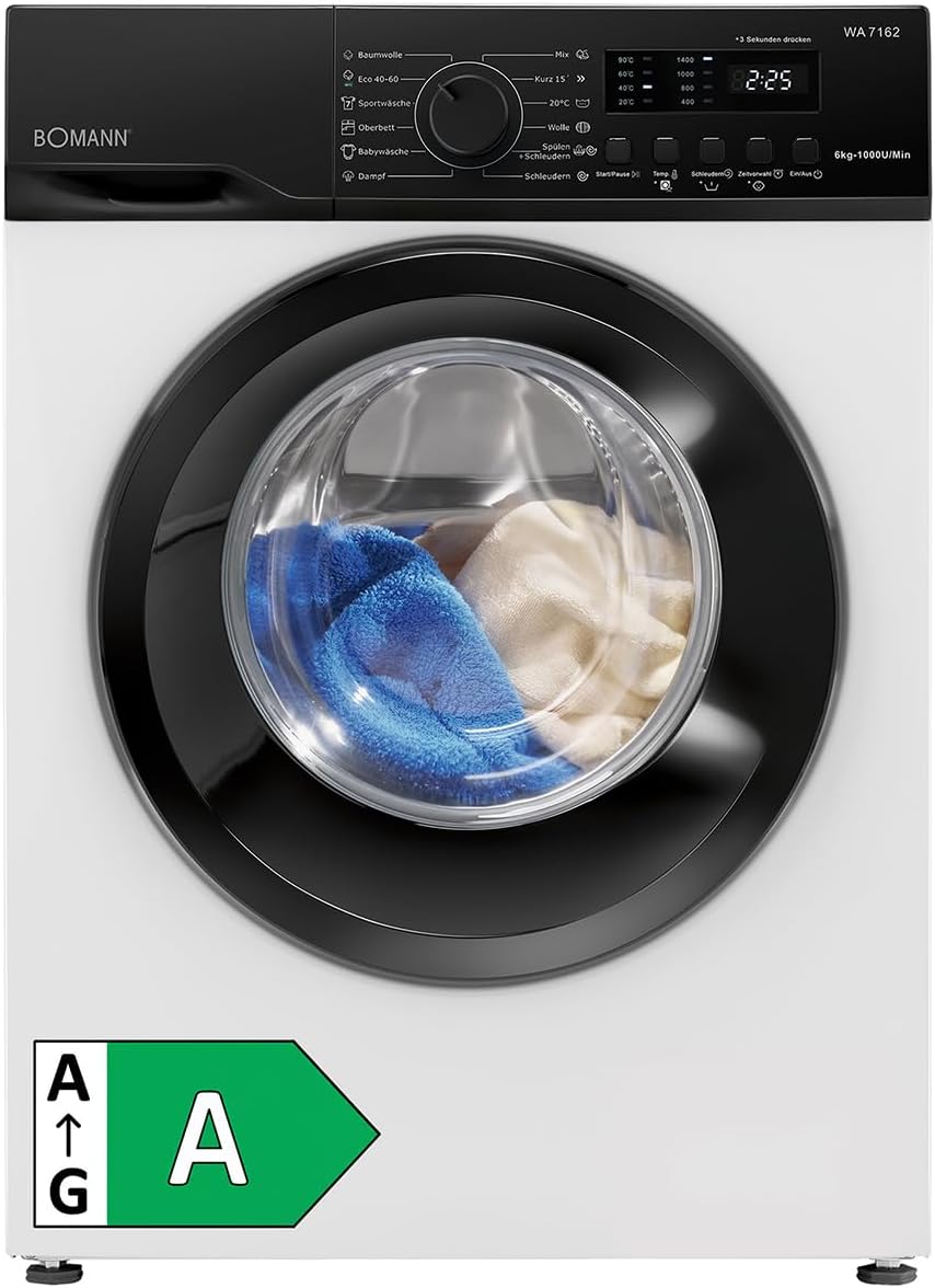 Bomann® Waschmaschine 6kg | 5 Jahre Motor-Garantie | Invertermotor - effizient, leise & langlebig | max. 1000 U/min | 12 Programme | Endzeitvorwahl | LED-Display | Washing Machine | WA 7162 weiß