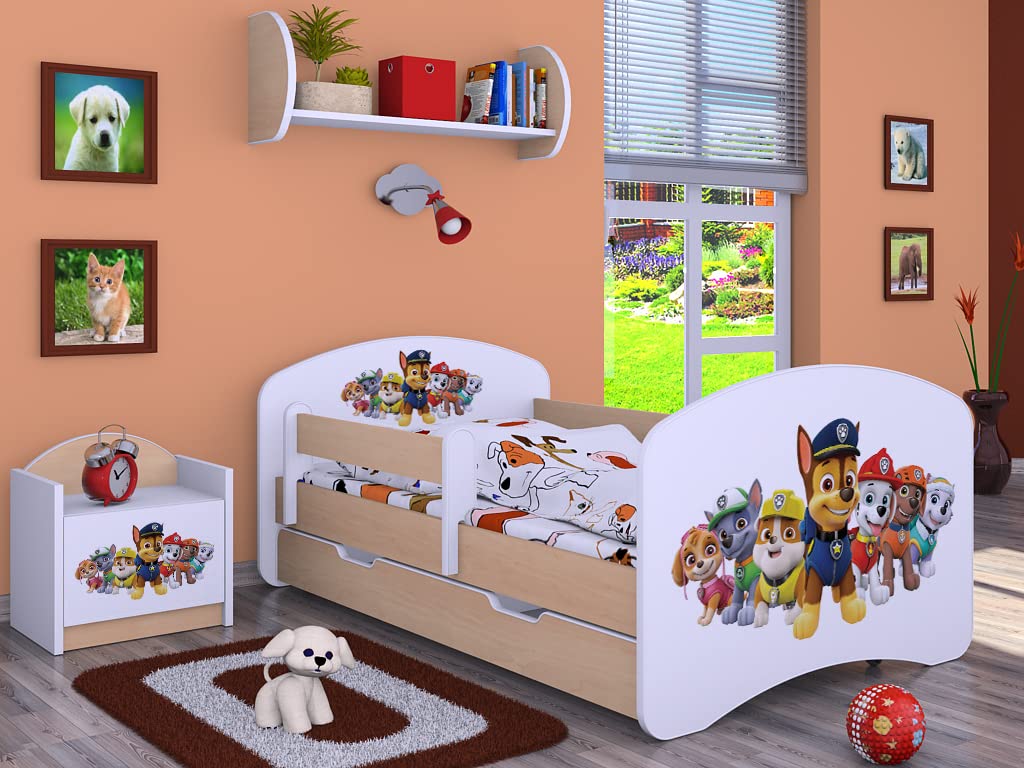 BDW Kinderbett Super Hunde - Babybett mit Matratze und Schublade - Bequem und Langlebig Rausfallschutz Bett - Kinderzimmer - Leichte Birne (Motiv 3) - 160x80