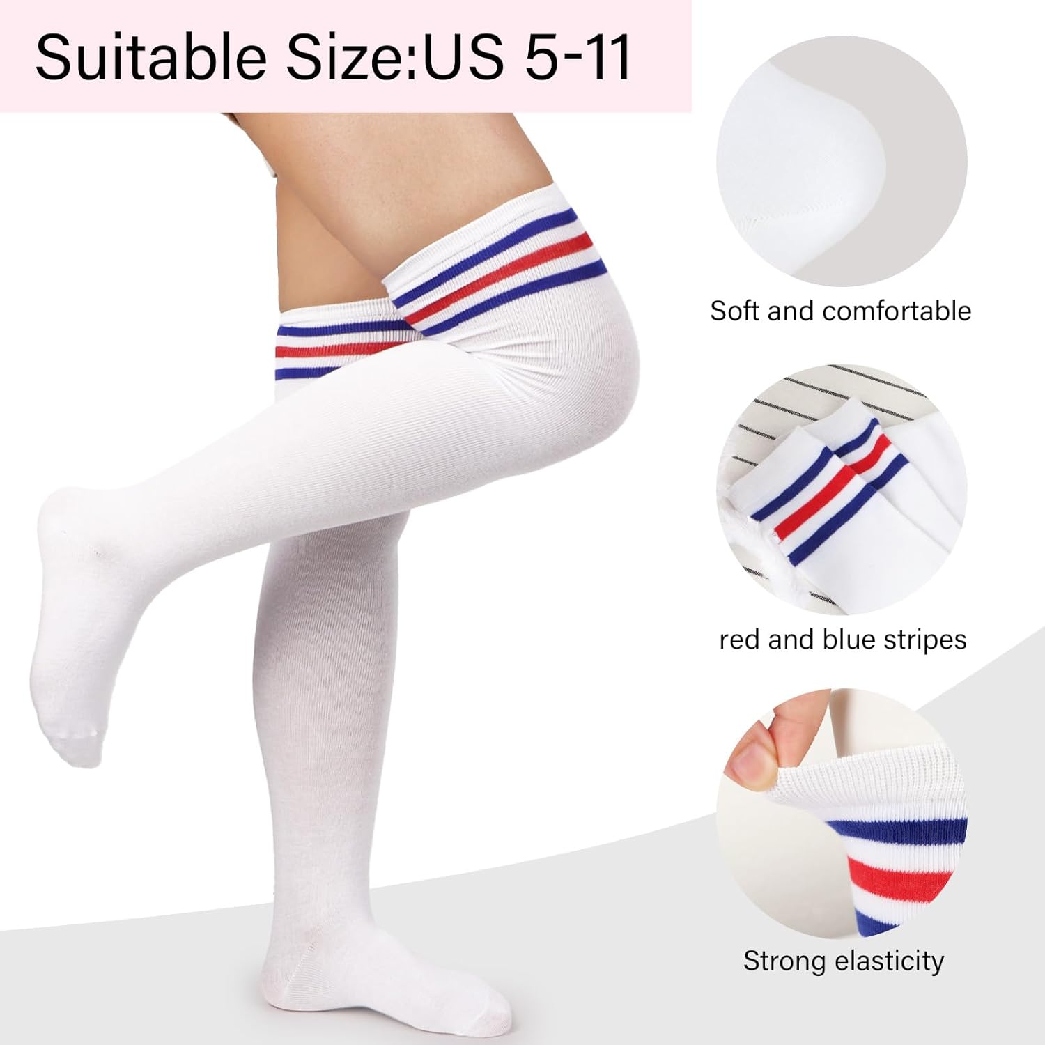 DDLP Halloween Bunny Costume Accessories for Women Red and Blue Striped Thigh High Socks + Bunny Ears Headband for Cosplay - Image 2