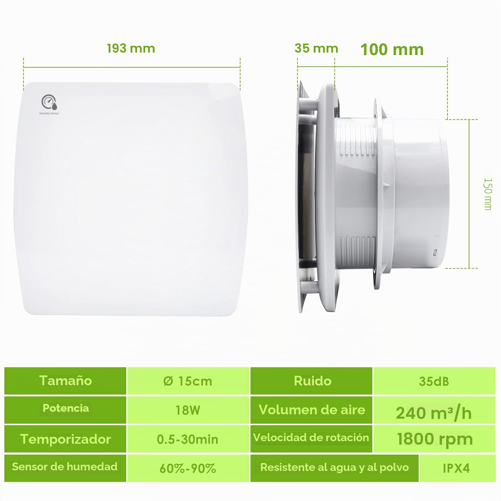 Ventilador Extractor de Baño 150 mm con sensor de humedad, con temporizador Ventilador de pared Cocina WC Baño