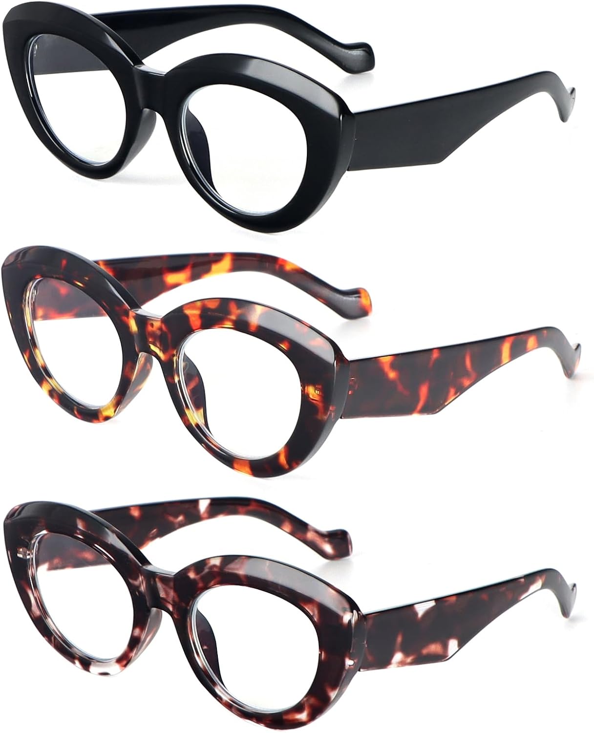 MMOWW Oversized Cat Eye Reading Glasses for Women 3 Pairs Thick Frame Blue Light Blocking Glasses Stylish Computer Readers