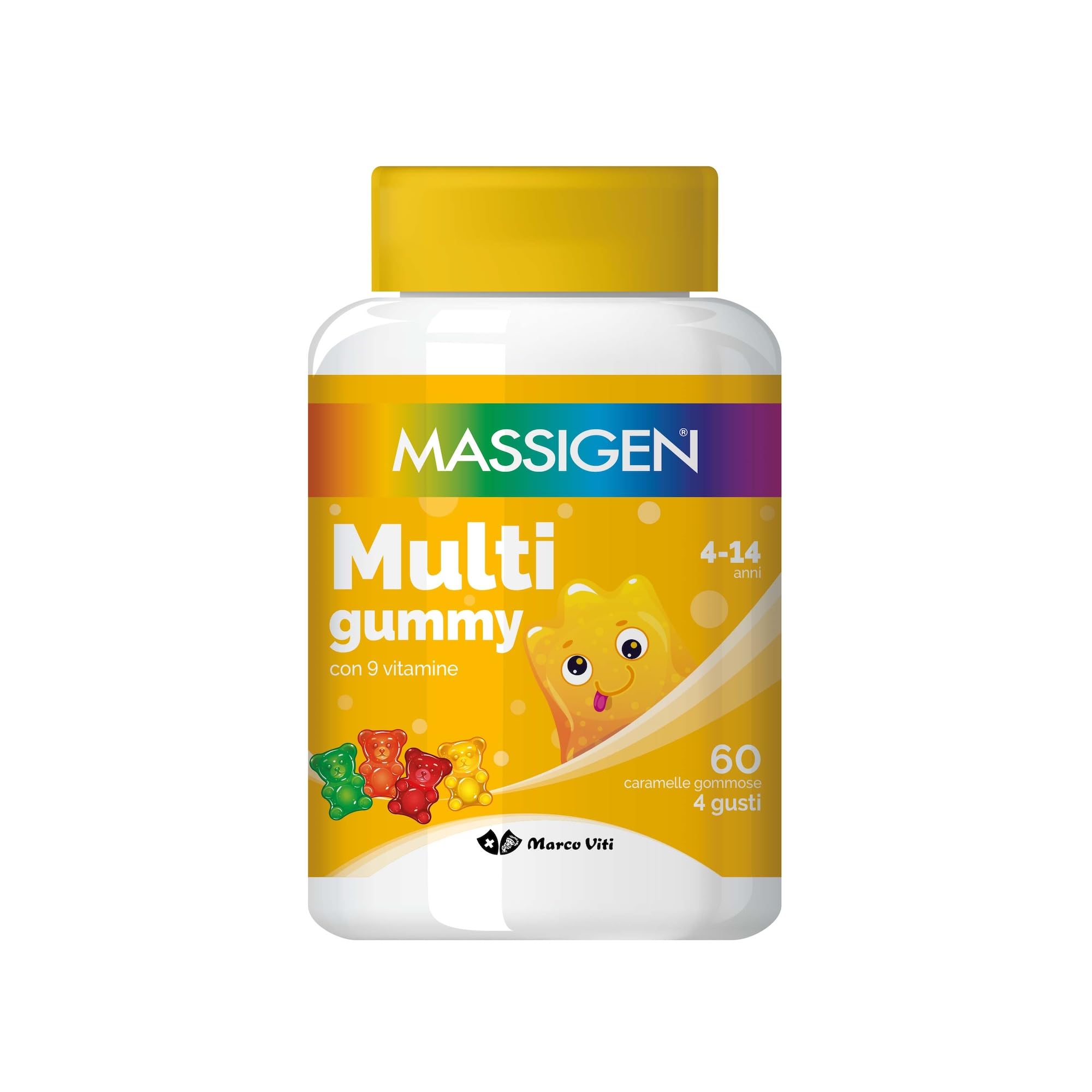 Massigen - Multi Gummy, Multivitaminico per Bambini 4-​14 Anni, Vitamine Gommose con Vitamina A, C, E, D, B6, B12 e Acido Folico, 60 Caramelle, Quattro Gusti, Senza Glutine e Lattosio