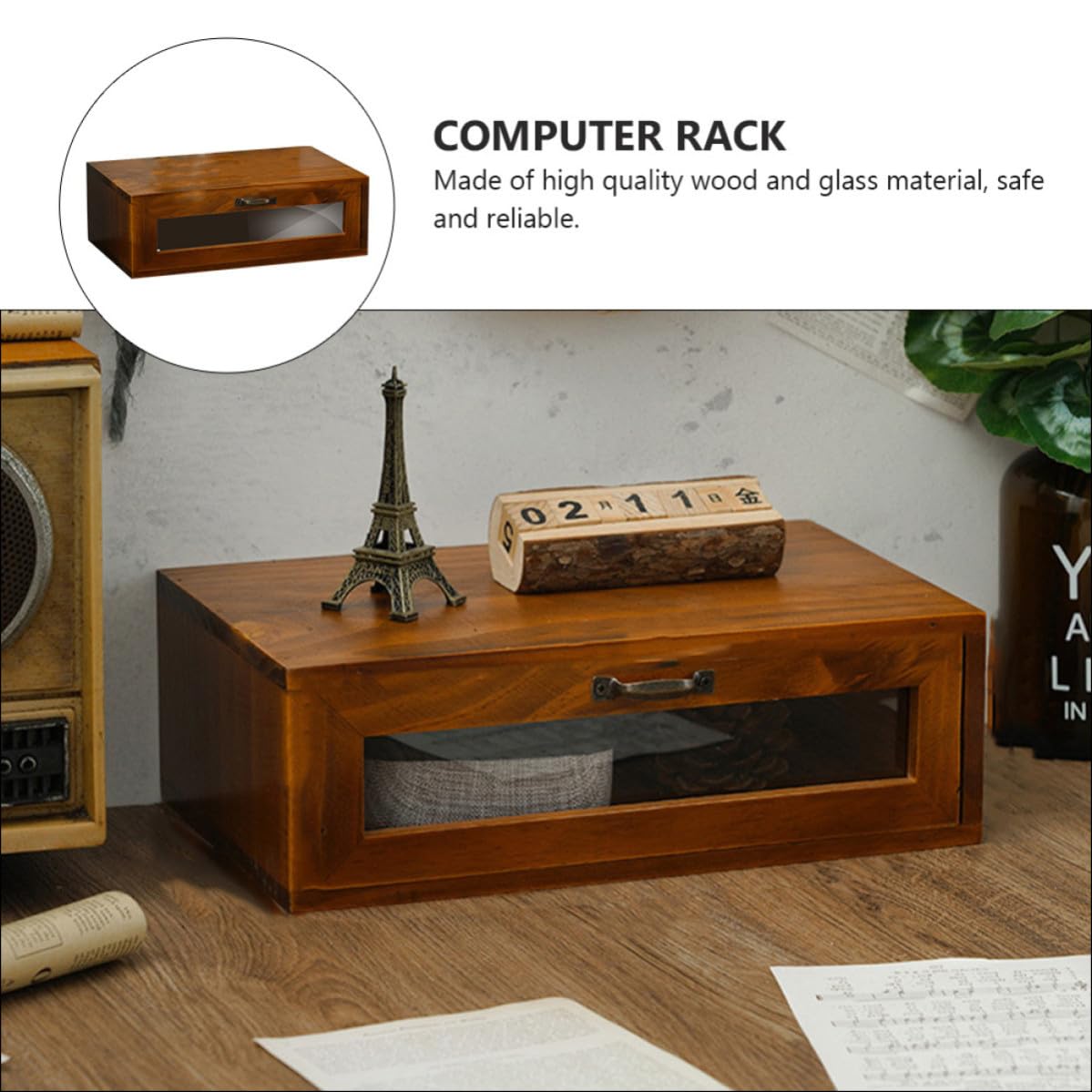 Rialzo per Monitor da Scrivania in Legno Cassetti Organizer Marrone | Archiviazione Desktop per Cancelleria e Oggetti Vari, Cassettiera Acrilico e Ferro, per Studenti e Accessori Cosmetici