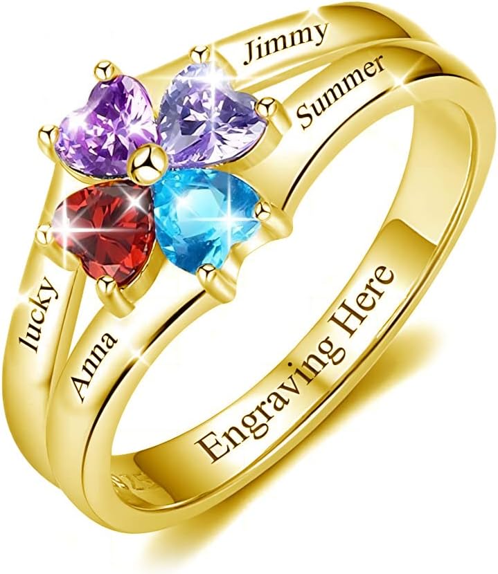 Mothers Day Gifts for Mom Women Solid 10K 14K 18K Gold Mother Rings for Women Personalized Mother Daughter Ring with 4 Simulated Birthstones and Names Customized Gold Engraved Family Name Rings for Mother Grandmother Women Wife Birthday Mother's Day Gift