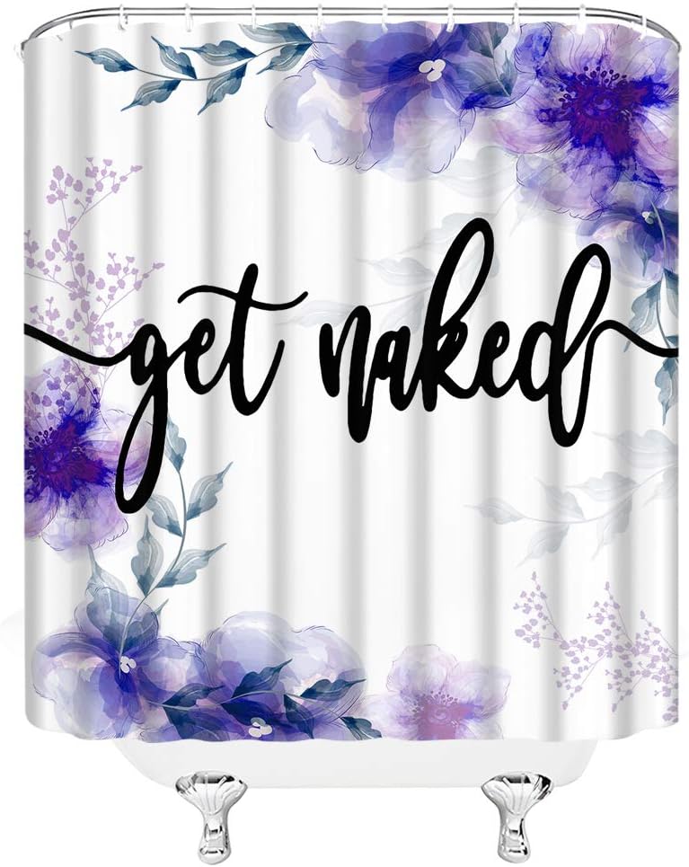 Watercolor Flower Shower Curtain Purple Floral Green Leaf Funny Quote Get Naked White Spring Botanical Plant Simple Creative Rustic Bathroom Decor Fabric Decor Curtains with Hooks
