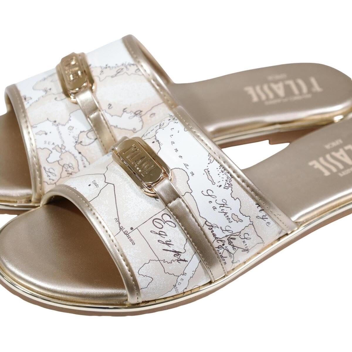 1ª Classe Sandalo Piatto da Donna, Bianco e Oro, Stampa Mappa del Mondo, Slip On, Pelle Sintetica (38)