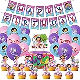 💖【Paquete que incluye】1 adorno para tarta grande, 18 globos de látex, 1 pancarta de feliz cumpleaños preensamblada y 24 adornos para cupcakes, nuestro juego completo de suministros para fiestas de cumpleaños con temática de Dora la Exploradora agregará algo increíble a usted, su familia y amigos.