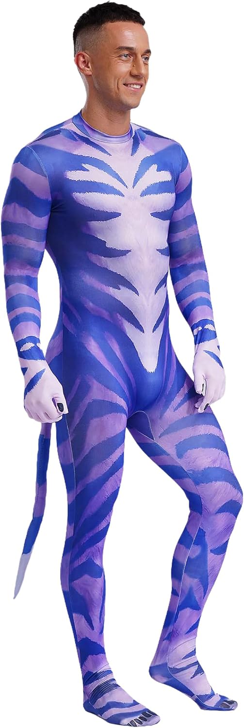 Men's The Predator Bodysuit Animal Print Halloween Cosplay Catsuit Zentai Fullbody Jumpsuit Costumes Tails