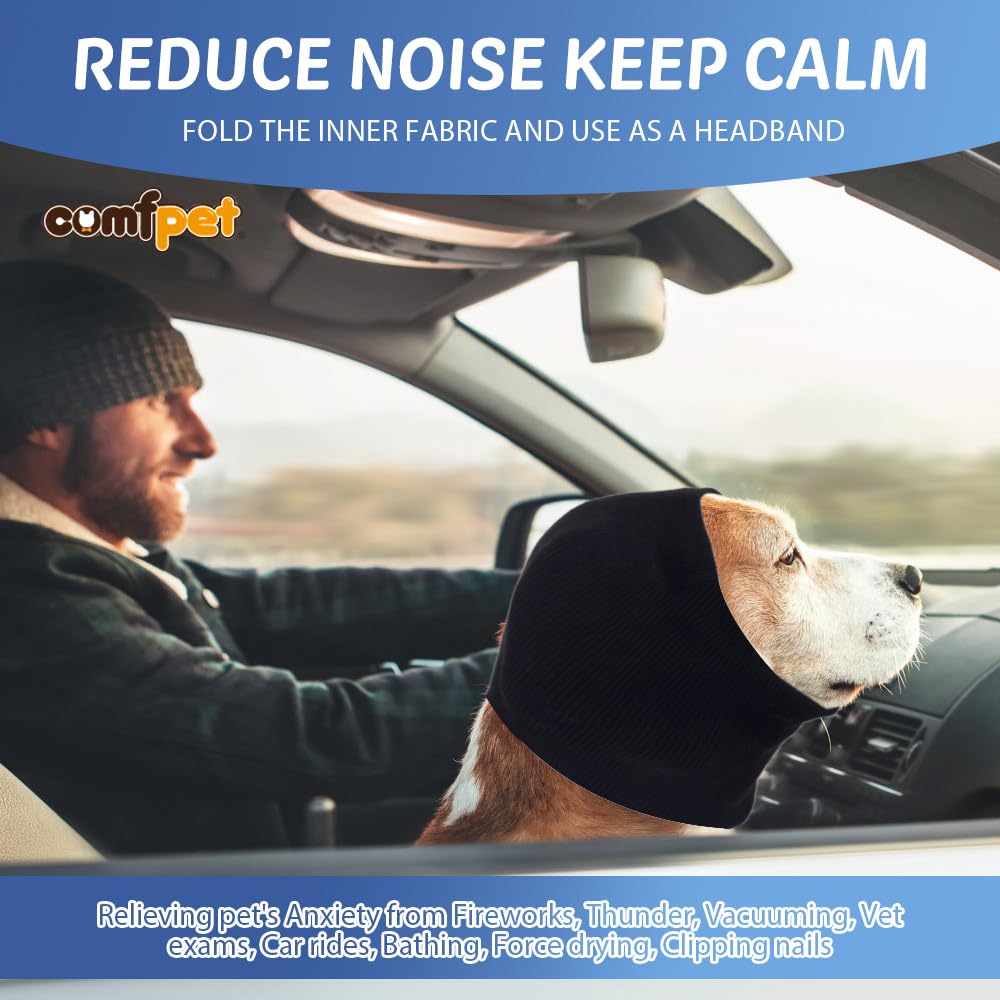 COMFPET Paraorecchie Cane Cuffie Per Cani Antirumore, Snood Per Cani copriorecchie invernale per cani e gatti, cura delle orecchie, grande, L(nero)
