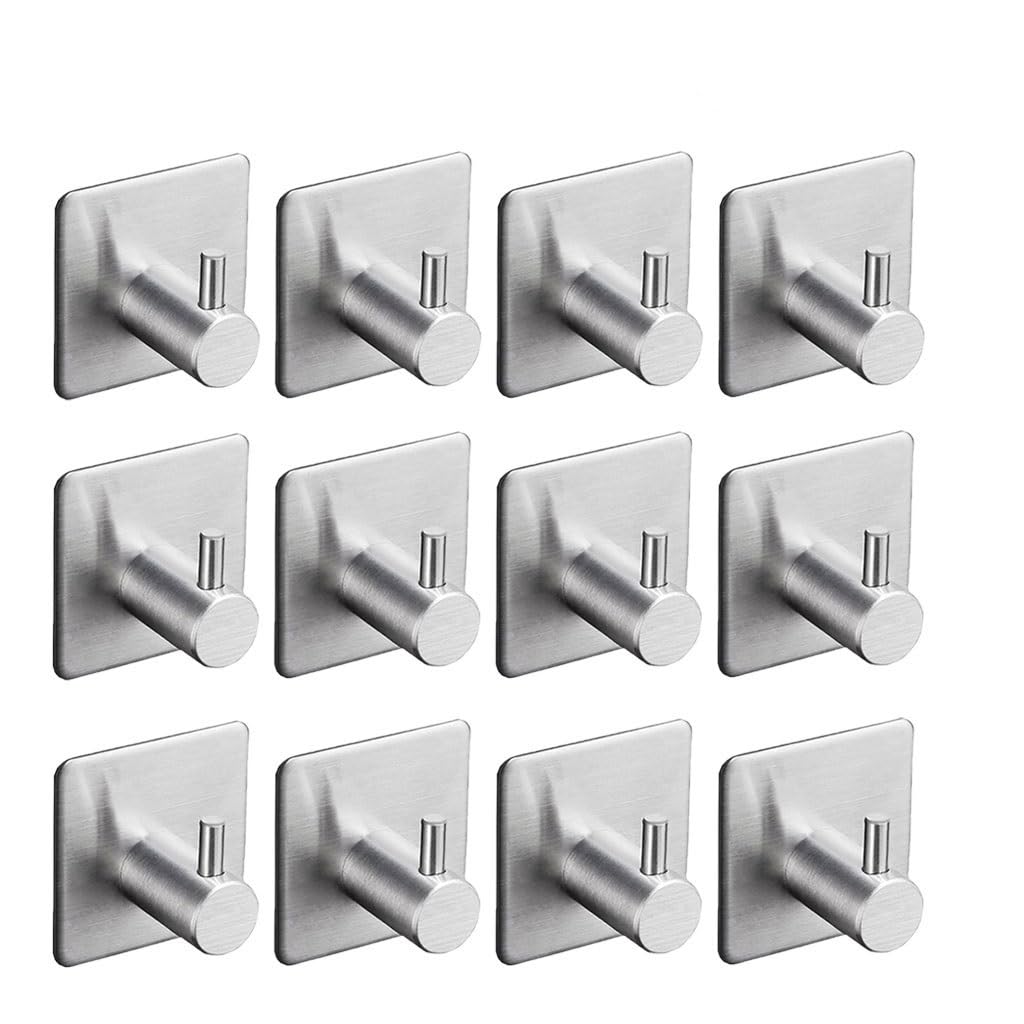 DXTFDHB Self Adhesive Hooks, Kitchen Bathrooms Towel Hooks, Wall Stainless Steel for Robe, Coat, Towel, Keys, Bags Heavy Duty Hook (Pack Of 12)(Silver1)