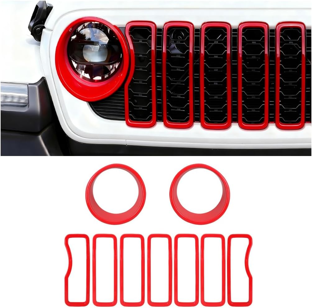 MAXDOM Grille Inserts Headlight Covers 9PCS Set Fits for (2024-2026) Wrangler JL and Gladiator JT (Exclued Sport/Sport S/Mojave) (Red, 2024+ JL/JT)