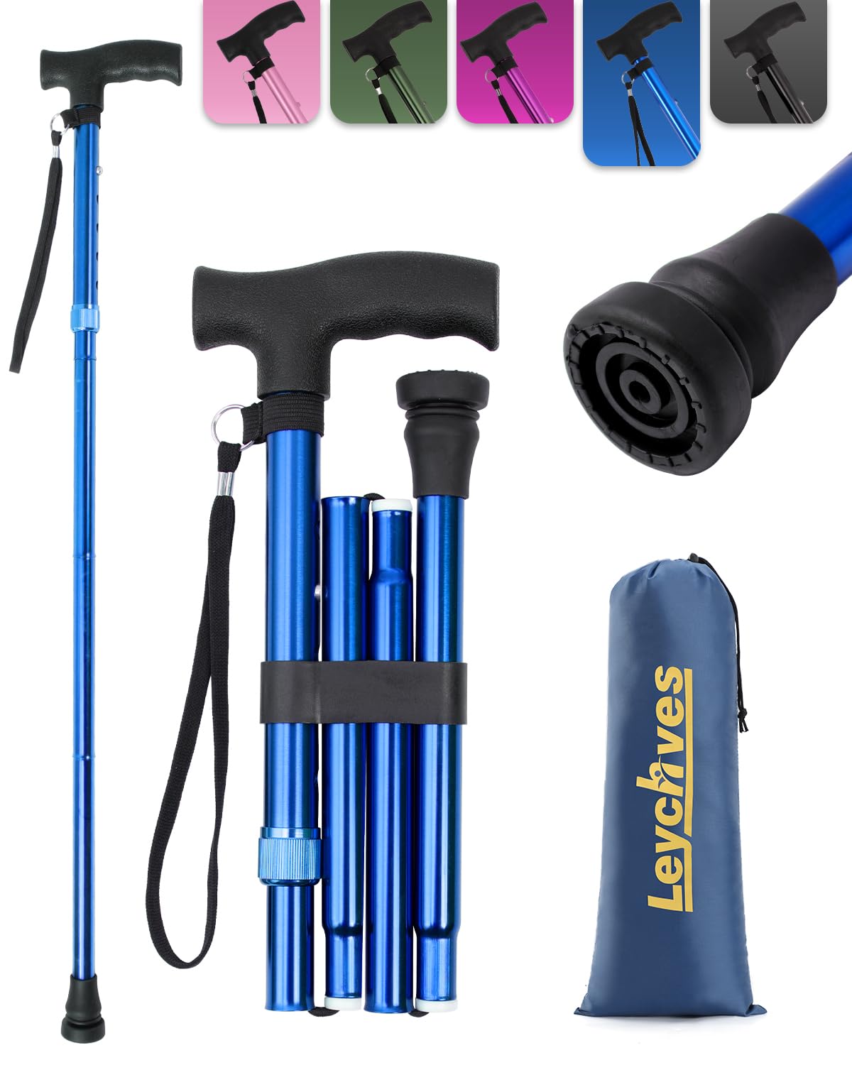 Walking Stick for Women Adjustable Folding Walking Sticks for 5.2FT-6.1FT Ladies, 5-Section Different Size Collapsible Cane for Elderly