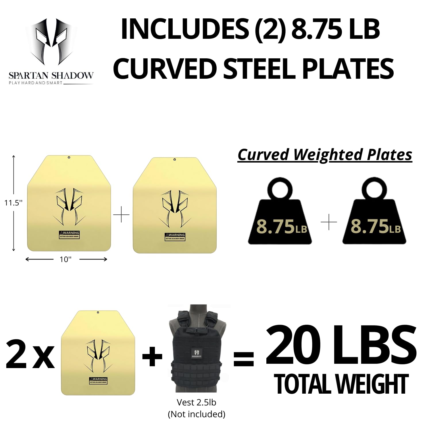Curved Weight Vest Plates for weighted vest - 8.75LB Pairs for 20lb Weighted Vest woman and men - Contoured Ergonomic Fit - Weight Vest plates - Weighted Plates for Vest - Ruck plates - WODs, Strength Training, Running, Heavy Workouts