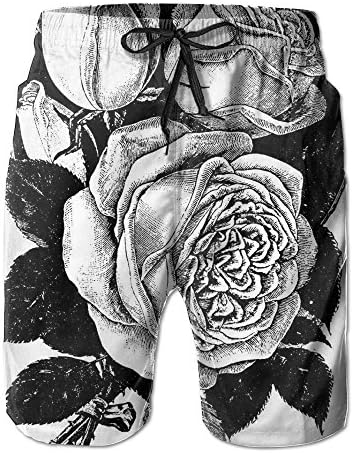 Men's Drawstring Waist Black And White Rose Short Pants