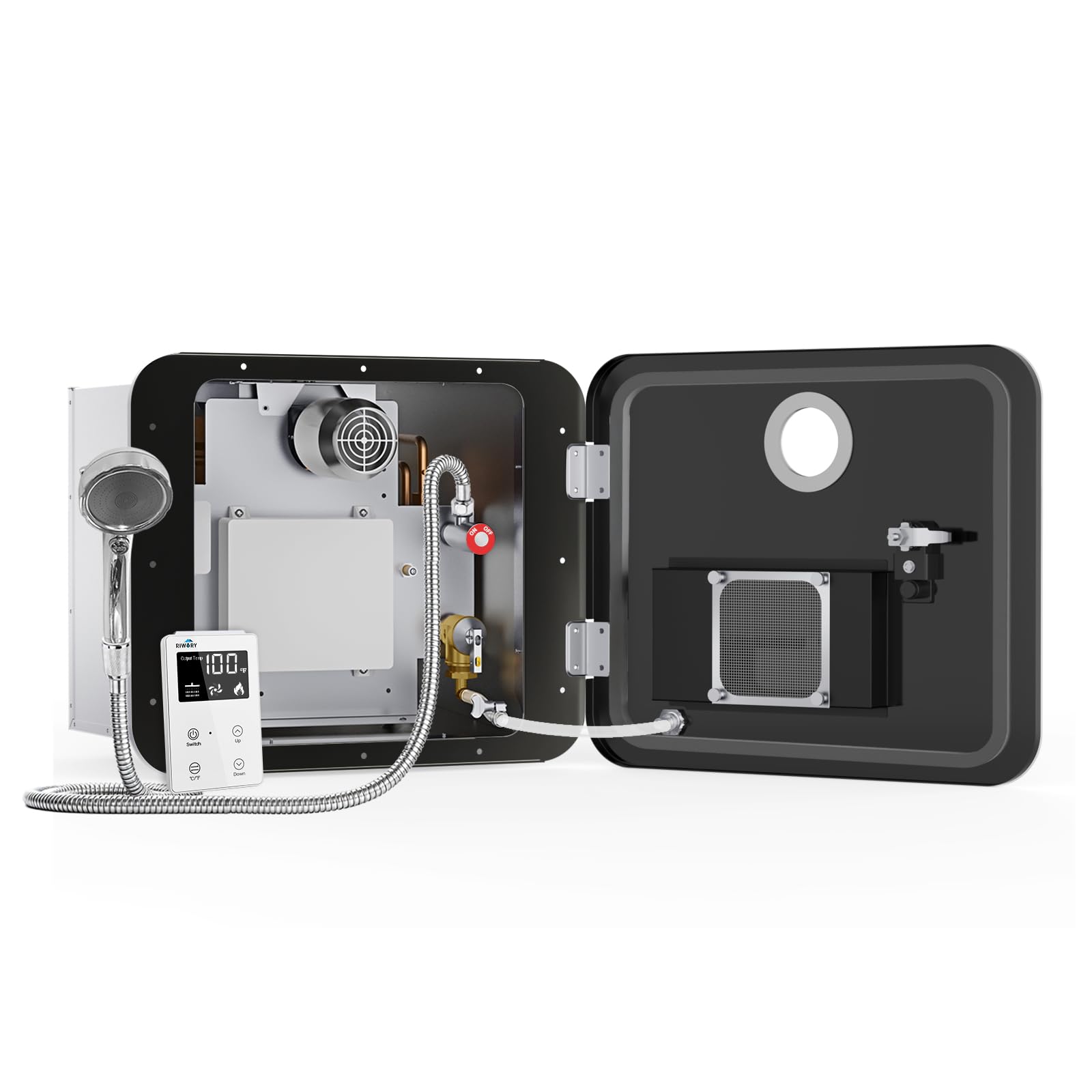 RV Tankless Water Heater with 15x18 Black Door, Propane, DC 12V