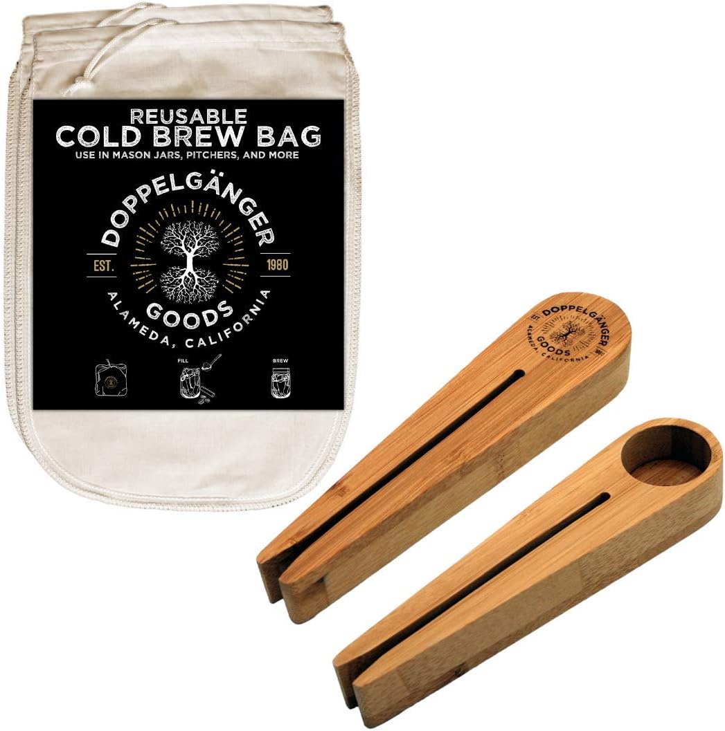 (2-Pack, Medium 8in x 12in) Organic Cotton Cold Brew Coffee Bag + 1x Bamboo Wood Measuring Spoon and Bag Clip Bundle