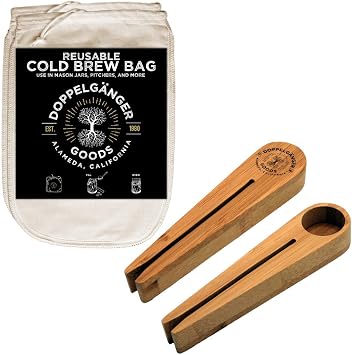 2-Pack, Medium 8in x 12in Organic Cotton Cold Brew Coffee Bag + 1x Bamboo Wood Measuring Spoon and Bag Clip Bundle