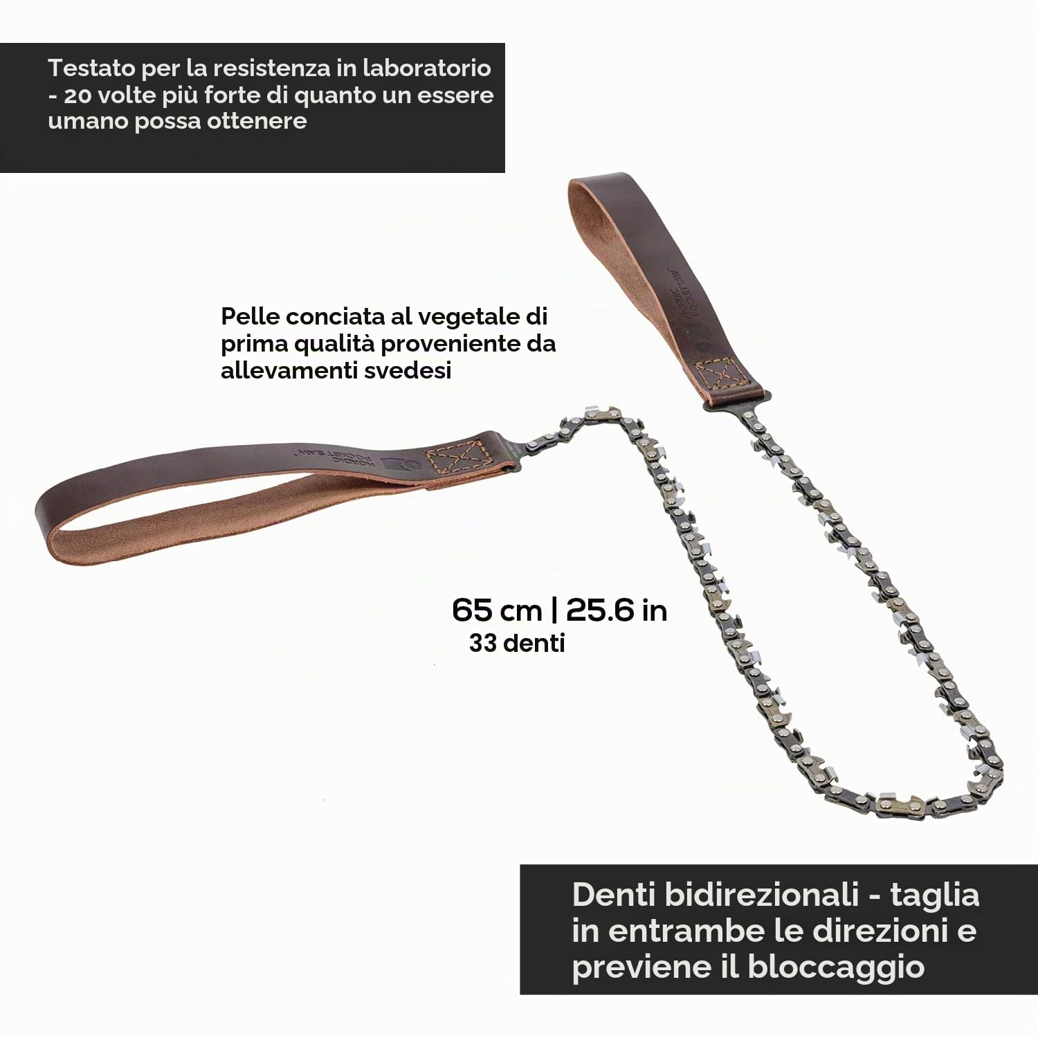 Nordic Pocket Saw Sega a Mano - Motosega a Mano 65 cm con Manici in Pelle - Accetta da Campeggio Sega Sopravvivenza Escursionismo - Portable Chainsaw 33 Denti