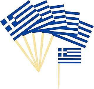 100-Stück Griechenland Flagge Zahnstocher Deko,Griechische Deko Künstlich,Zahnstocher Holz Dekoration,Greece Länder Zahnstocher Flaggen Fähnchen Kleine,Cupcake Toppers Stick für Party/Buffet/Toothpick