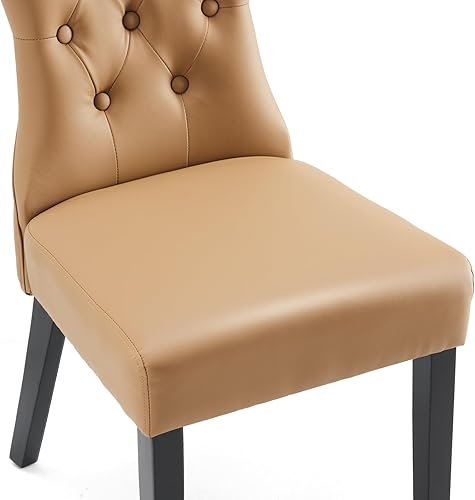 Miniatura 9 de Paquete de 2 sillas de comedor tapizadas de cuero, con botones y respaldo alto, silla auxiliar sin brazos con asiento acolchado y patas de madera de