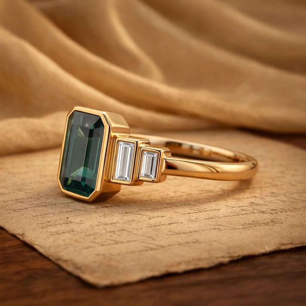 14K Solid Gold Emerald Cut Teal Sapphire Engagement Ring, Three Stone Art Deco Ring with Baguette Side Accents, Vintage Bridal Handmade Jewelry Gift for Women