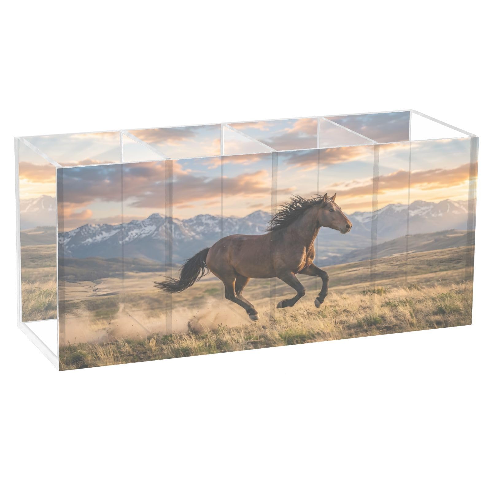 Ewusp Horse Acrylic Pencil Holder Cup 4 Compartments Pen Holder Desktop Stationery Organizer Makeup Brush Holder Desk Accessories for Home Office Supplies