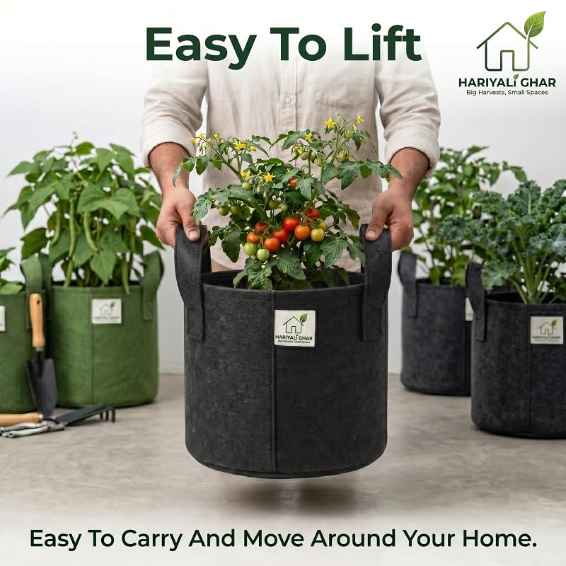 Image of 400 GSM Geo Fabric Round Grow Bags 9x9 Inch with Handle, Black Planting Bags for Terrace and Kitchen Gardening Pack of 8