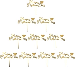 10pcs Happy Mothers Day Cake Toppers Acrylic Cake Picks for Mothers Day Birthday Cake Decoration - Golden