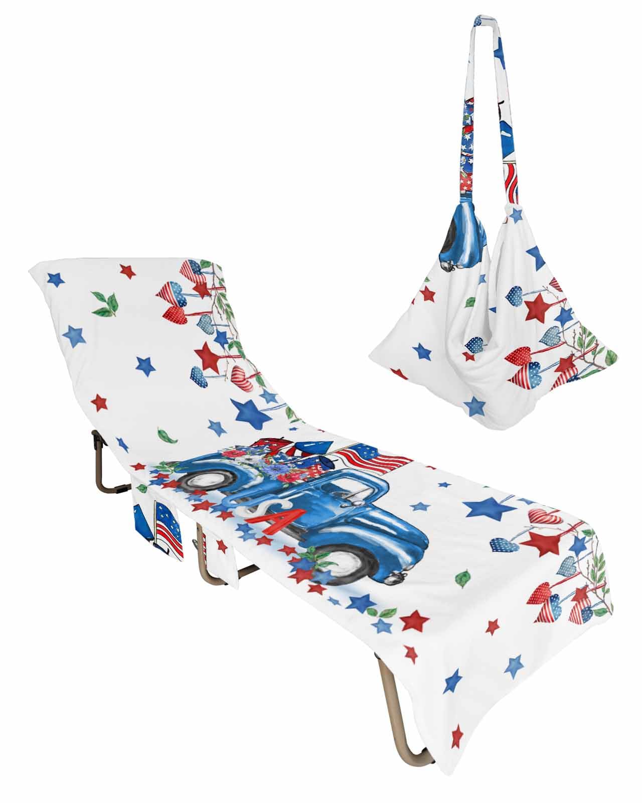 Beach Pool Patio Lounge Chaise Chair Cover Towel with Pockets,Patriotic Blue Truck Absorbent & Quick Dry Microfiber Towel Cover Bag Summer Travel Accessories Star Love Eucalyptus 4th of July Floral
