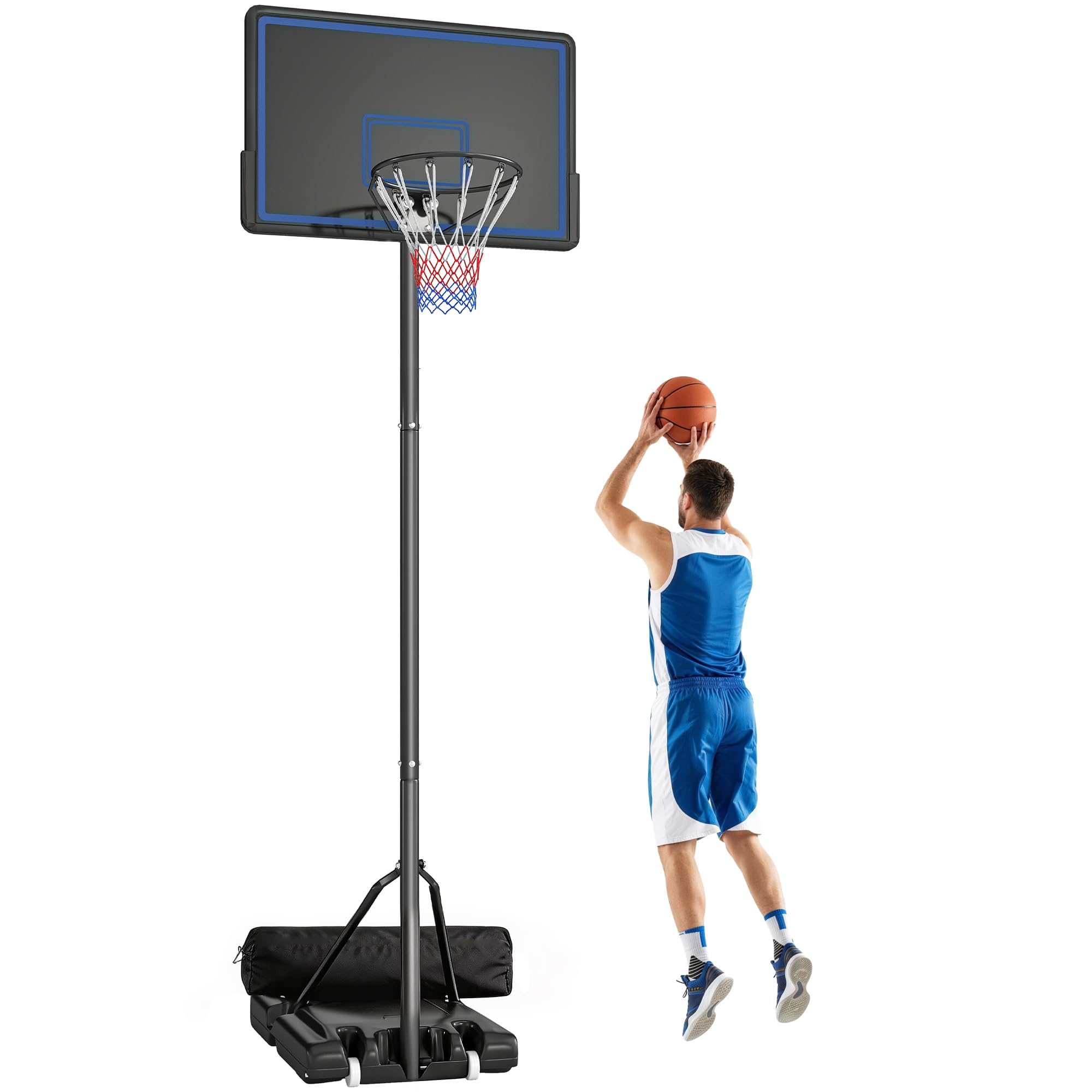 SPORTNOW Panier de Basketball sur Pieds avec Hauteur Réglable de 1,35 à 3,05 m, Panier de Basket Extérieur Portable avec Roues, Panneau Arrière en PE, Base de Lestage et Sac de Sable, Bleu