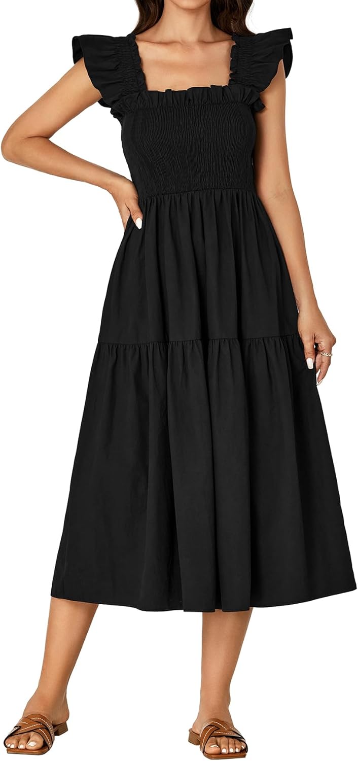 Rooscier Women's Square Neck Backless Smocked Ruffle Sleeveless Sundress A Line Midi Dress - Image 2