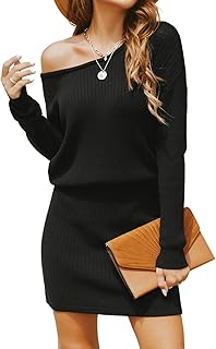 CUPSHE Women's Knitted Dress, One Shoulder Pullover Dress, Long Sleeve, Asymmetrical Autumn Winter Jumper Dress, Mini Dresses, Knit Sweater Dress