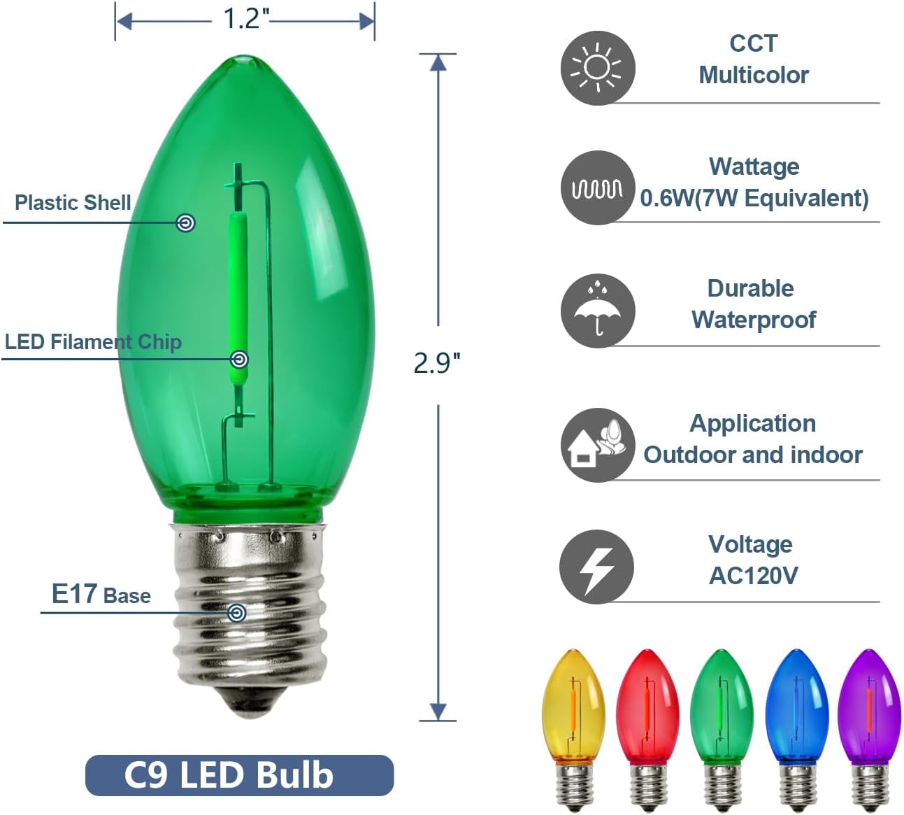 C9 Christmas String Lights, 25FT 26 Bulbs Bright & Multicolor Outdoor Christmas Lights, Outdoor Indoor Xmas Roofline Backyard Garden Patio Home Holiday Decor, Waterproof Extendable Green Wire