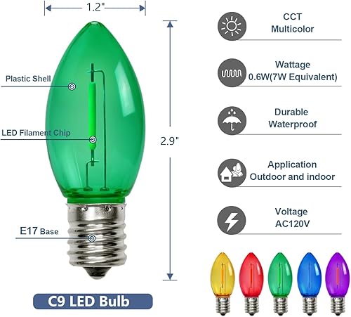 Miniatura 2 de C9 Luces de Cadena de Navidad, 25 pies 26 Bombillas Brillantes y Multicolores para Exteriores, Luces de Navidad para Techo, Patio, Jardín, Luces