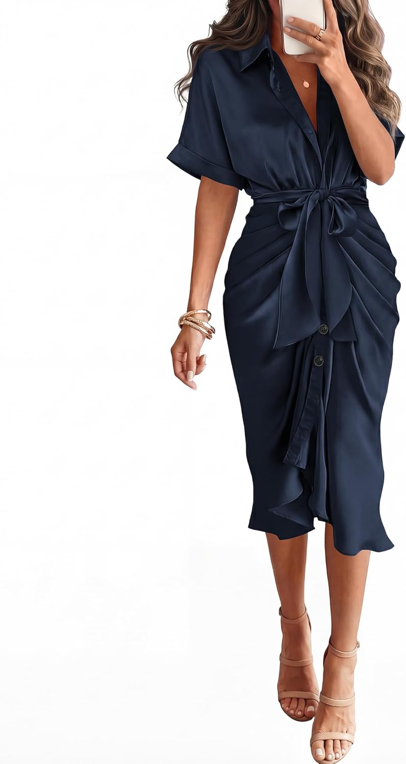 BTFBM Dresses for Women Summer Button Short Sleeve Silk Satin Ruched Spring Maxi Dress 2026 Cocktail Party Wedding