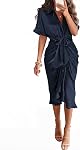 BTFBM Femmes Bouton Down Robes de chemise ruche Satin manches courtes Lapel V Col d'été Maxi Robe 2026 Fêtes Invité de mariage