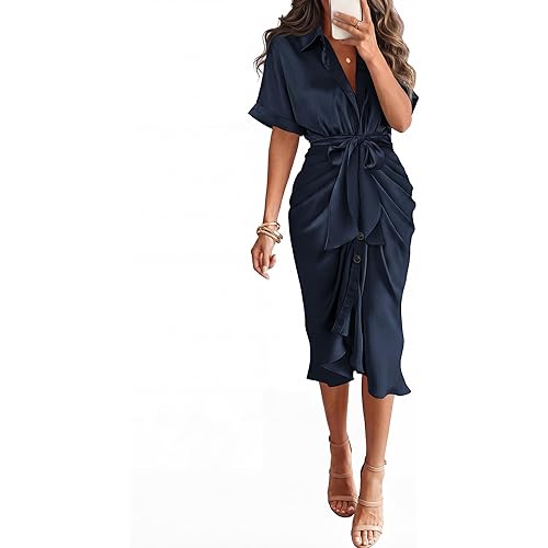 BTFBM Dresses for Women Summer Button Short Sleeve Silk Satin Ruched Spring Maxi Dress 2026 Cocktail Party Wedding