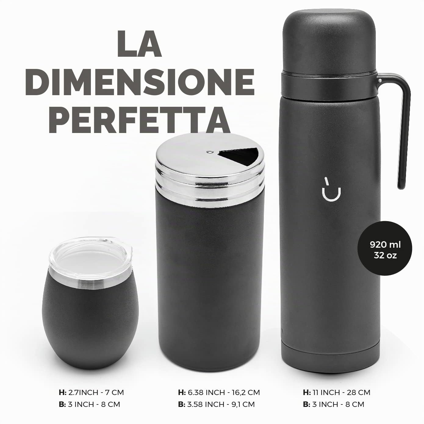 BALIBETOV Yerba Mate Tazza Set - Modern Yerba Mate Tazza, Thermos, Yerba Mate Contenitore (Yerbero), Bombilla (Mate Cannuccia) e Spazzola per la Pulizia - Acciaio Inossidabile 304 18/8 (Nero)