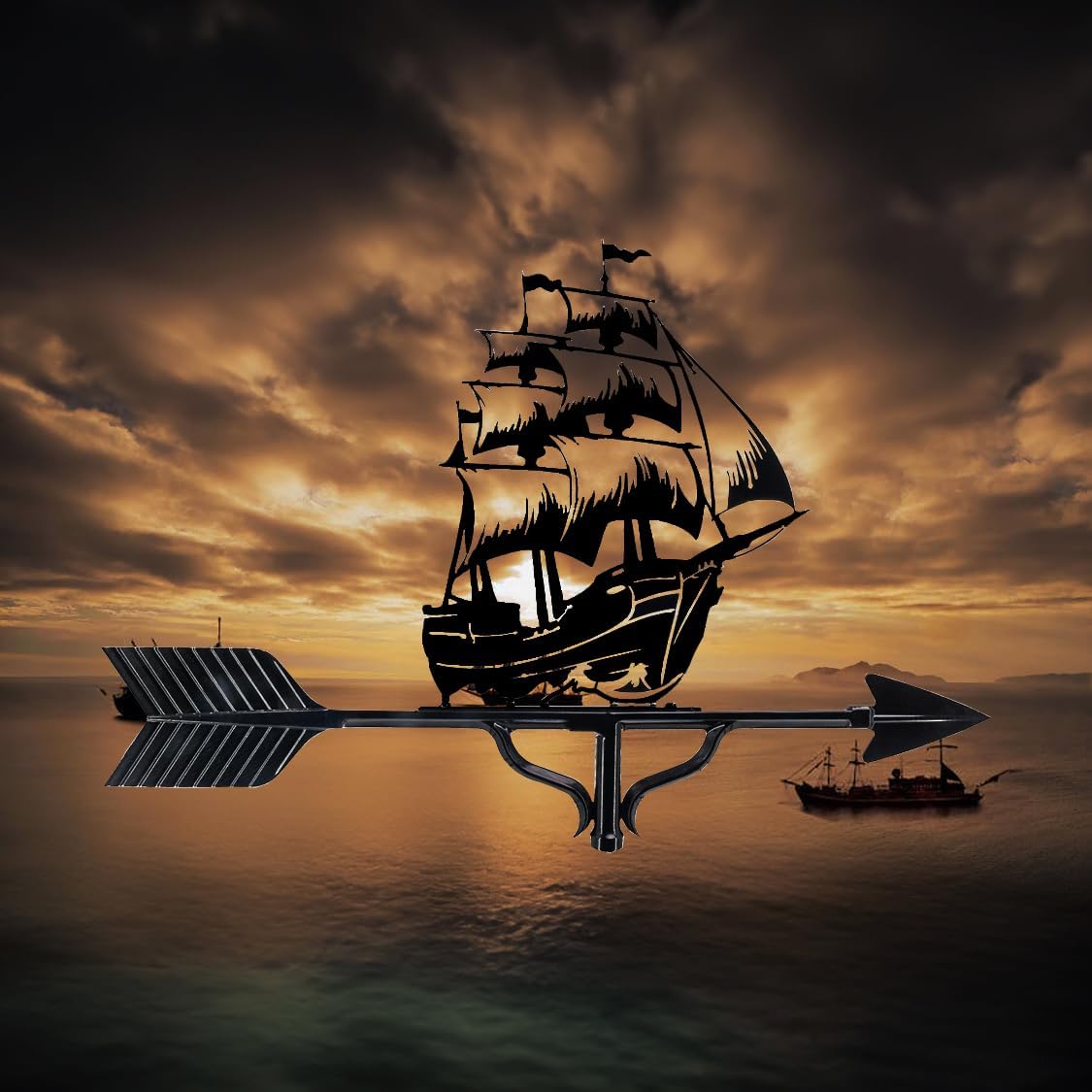 Montague Metal Products - Deluxe Pirate Boat Weathervane - Boat Wind Vane - Handcrafted Metal Weathervane - 14 Ornament Colors Available - Outdoor Decor - Roof Mount Included
