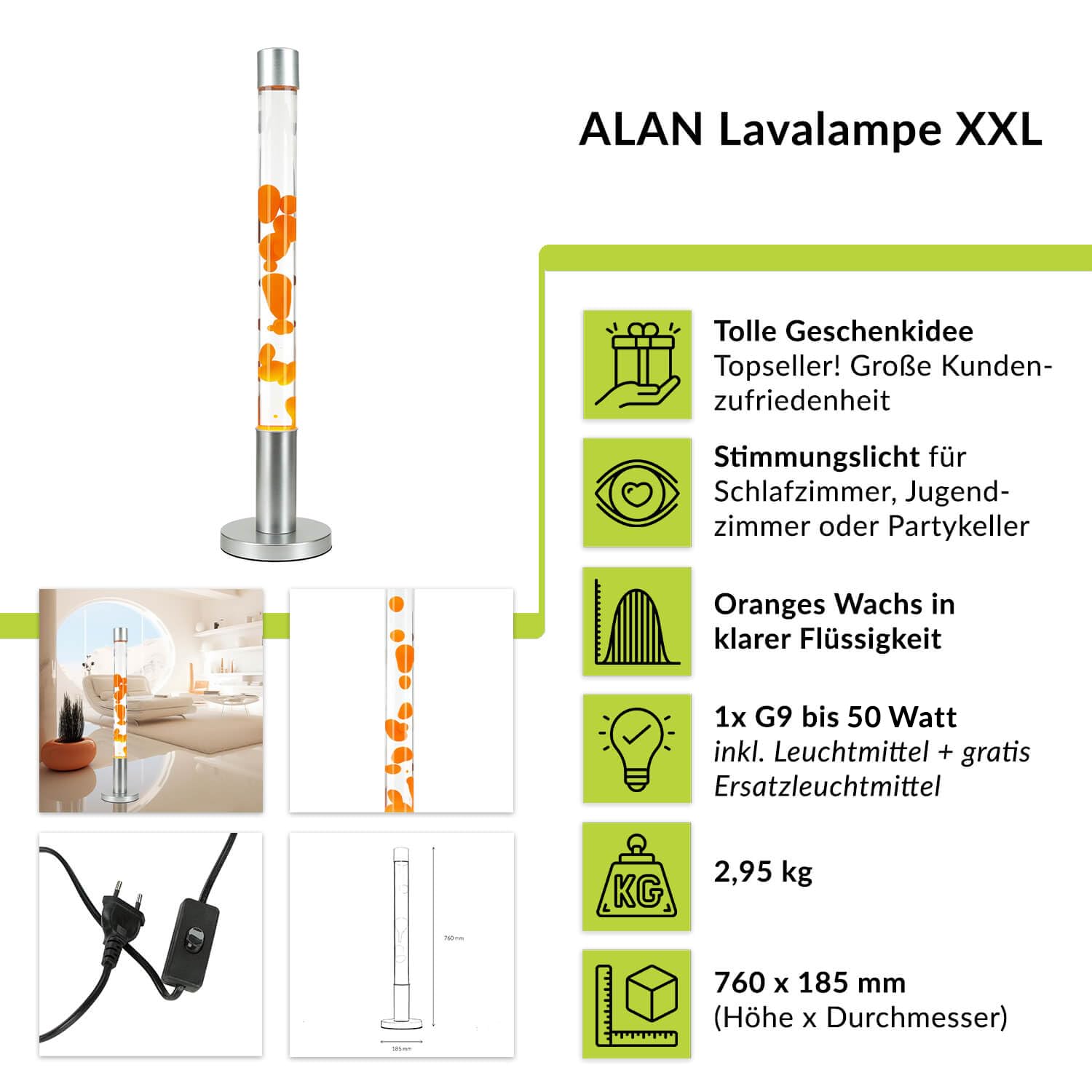 Lampa lawa XXL duża, lampa podłogowa, lampa retro pomarańczowa, 76 cm, w tym żarówka, G9 50 W z przełącznikiem kablowym, ciepła, aktywna, atmosferyczna, lampa wulkaniczna