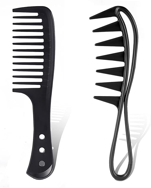2Pcs Wide Tooth Comb, Large Tooth Combs Wide Tooth Curl Comb Shark Teeth Hair Hairstyle Tool for Curly Wet Wavy Thick Hair Wigs Barber Salon, Women Men (Black)