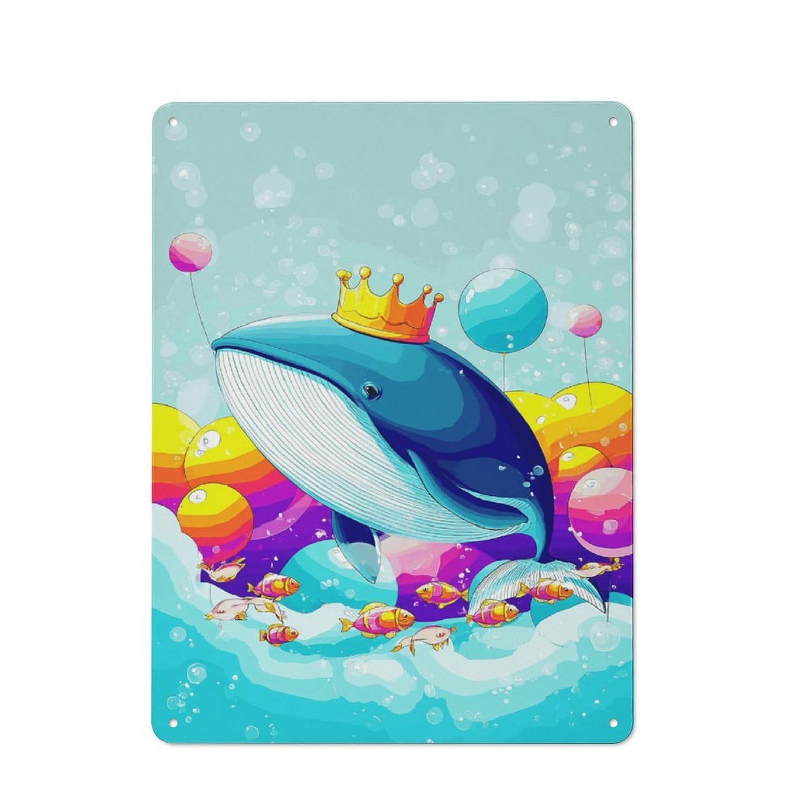Junmoney Whale With Crown In Rainbow Sea Rustic Metal Plaque 40X30cm For Hobby Room Or Studio, For Creative Interior Collectors