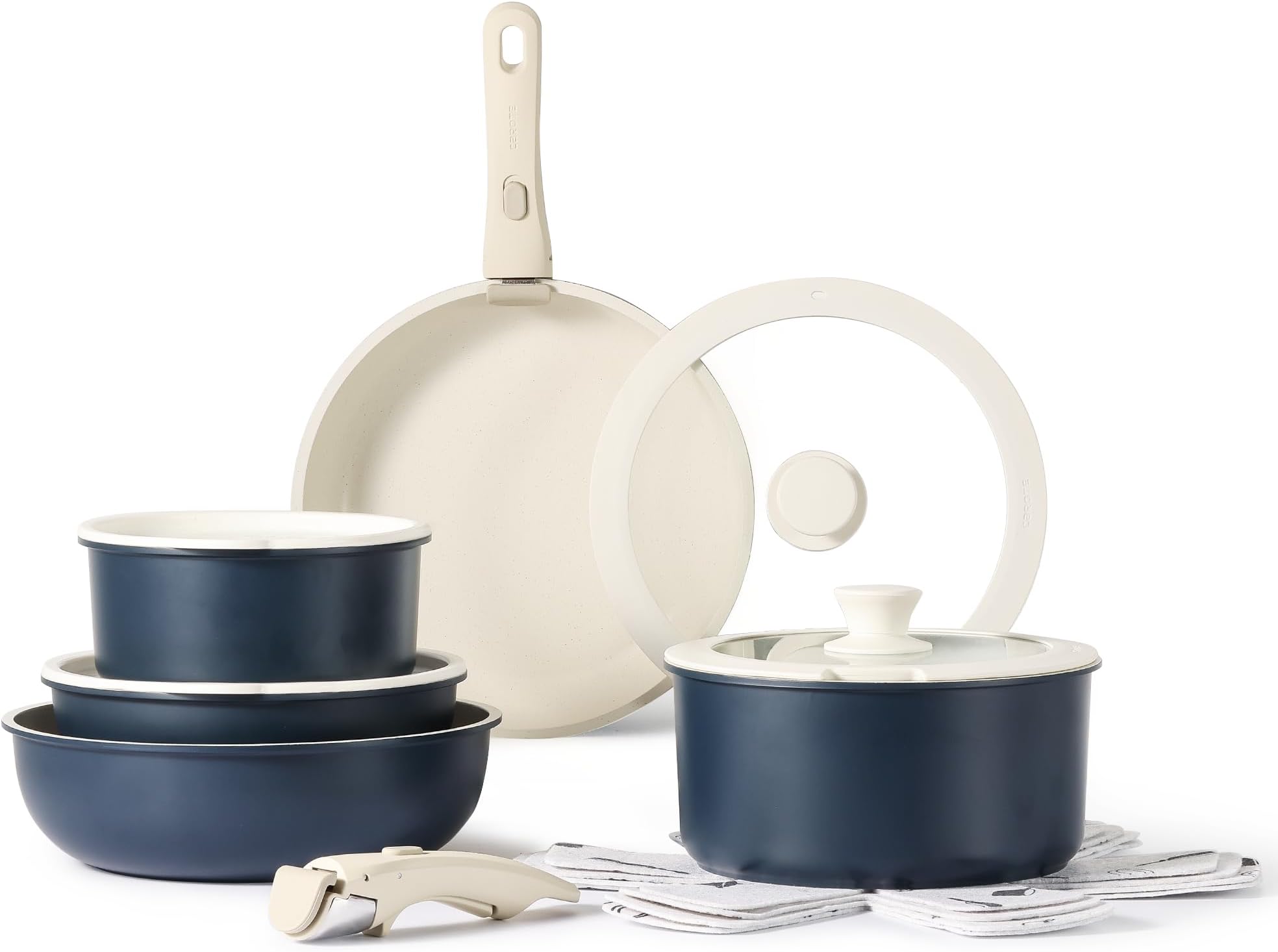 CAROTE 15pcs Pots and Pans Set, Nonstick Cookware Set Detachable Handle, Induction Kitchen Cookware Sets Non Stick with Removable Handle, RV Cookware Set, Oven Safe, Dark Blue(15 piece)