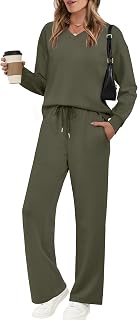 WIHOLL Women's V-Neck 2-Piece Lounge Set with Wide-Leg Pants