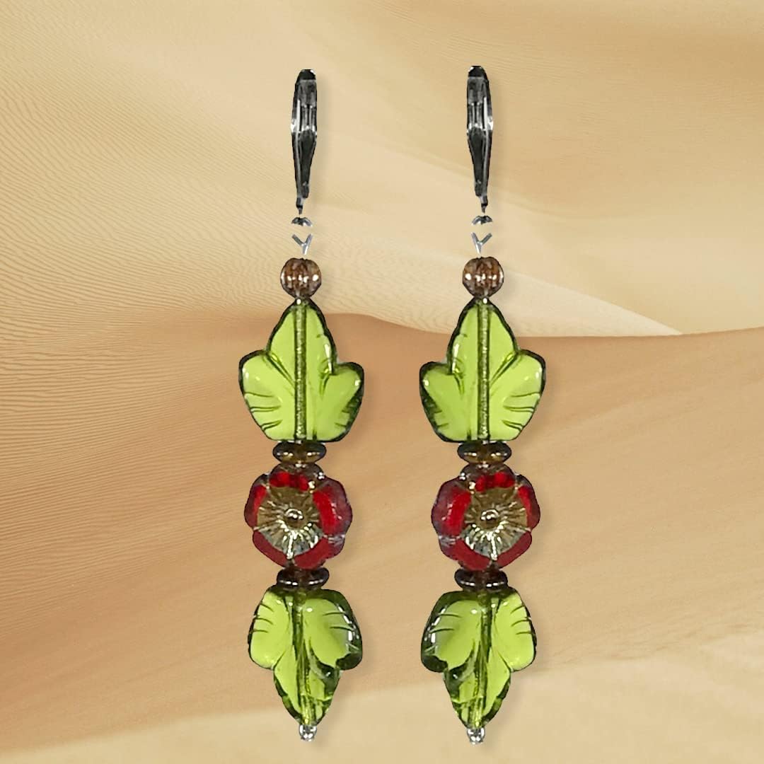 CariCat Designs Czech Glass Flower Adorned with Green Leaf Beading Earrings - French Wire Lever Backs