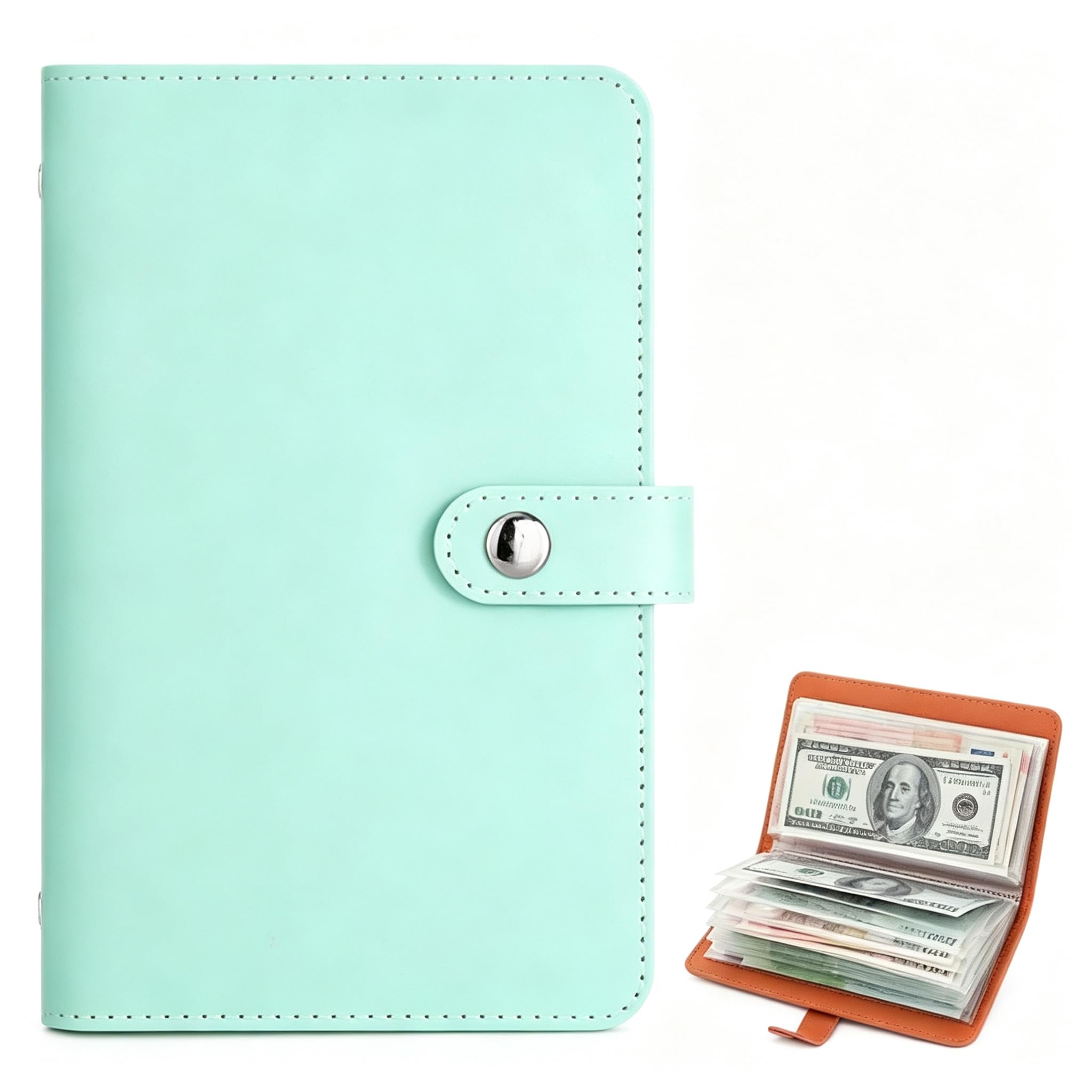 QIANSSE 100 Envelopes Saving Challenge Book Lake Blue Lightweight PU Book