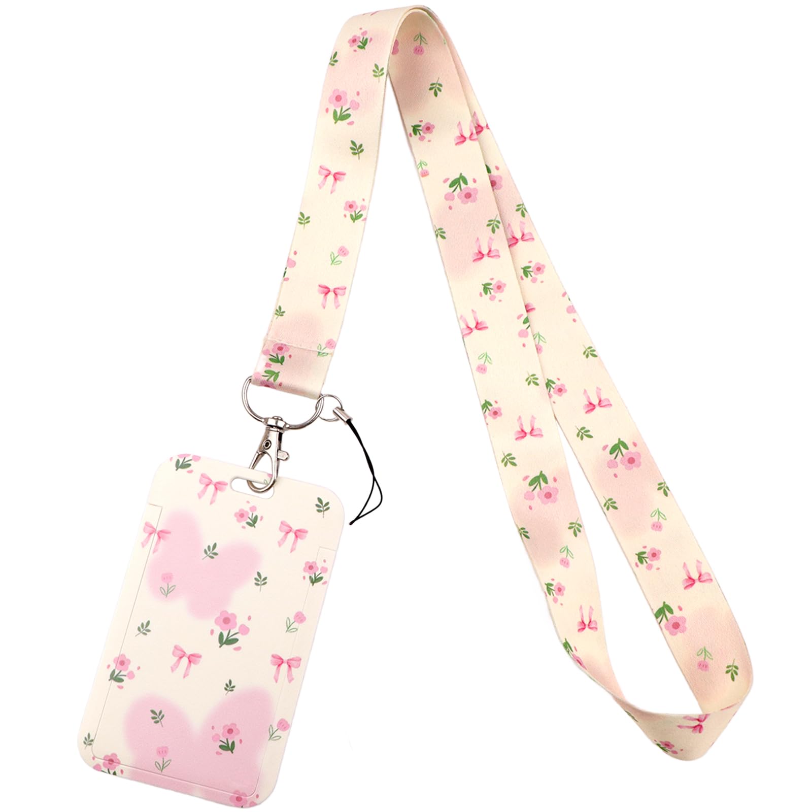 Pink Flowers ID Lanyard Card Holder Cute Key Lanyard Neck Strap for Keys & ID Badge for Women Girls Teachers Kids Nurse School ID Holder Keychain (Butterfly & Bow)
