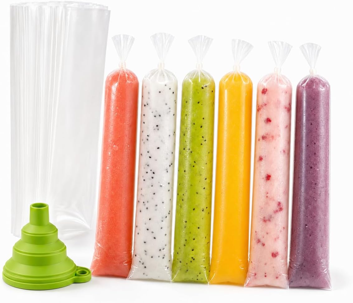 ANSMIO 250 Pcs Bolis Bags with Silicone Funnel, Disposable Popsicle Bags 3 x 12 Inch, Ice Pop Bags for Homemade Freeze Pops, Ice Candy, Yogurt, Juice, Smoothies, Bolsas Para Bolis de Hielo